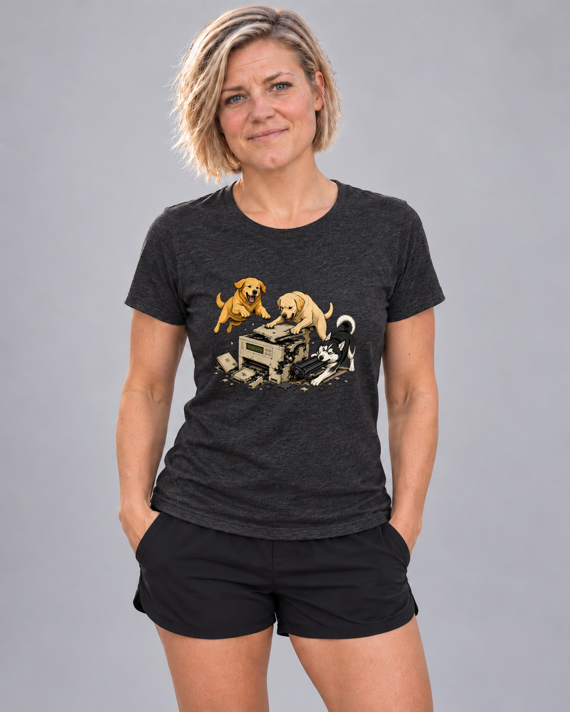 Cindy wearing PC Load Letter Everyday T in Black Heather