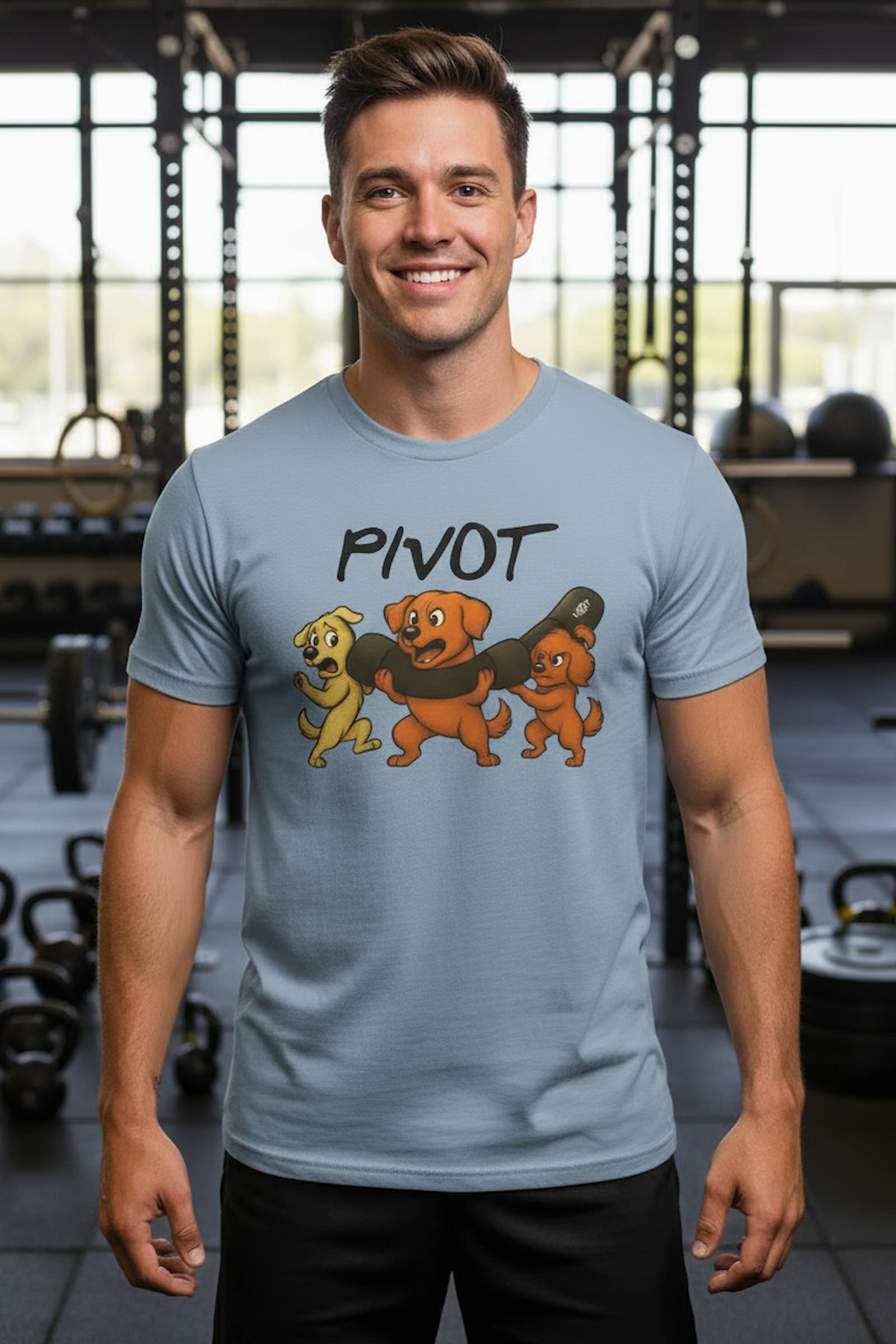 Man wearing a dog-themed Pivot triblend T-shirt at a CrossFit gym