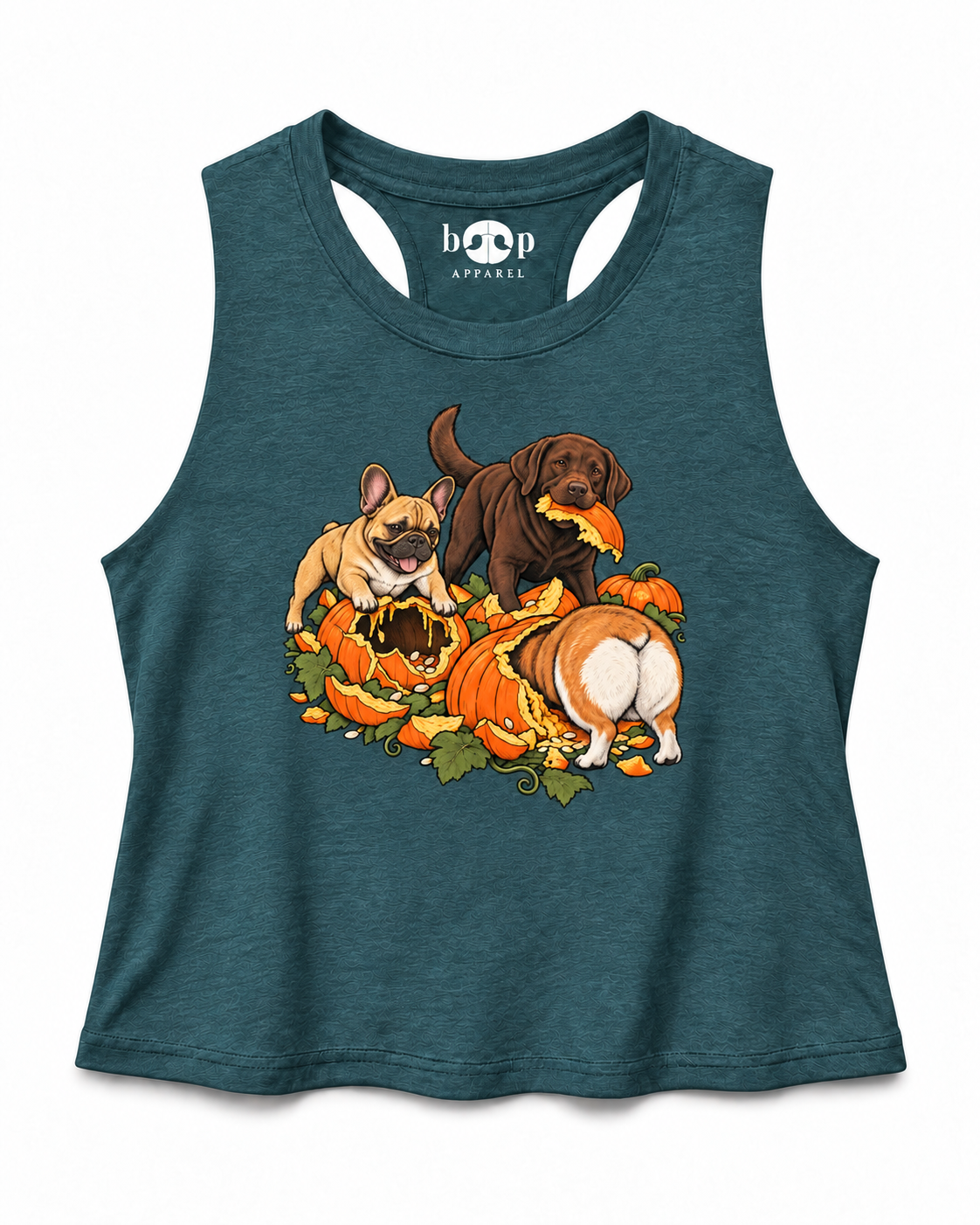 Pumpkin Patch Menaces crop tank — Heather Deep Teal