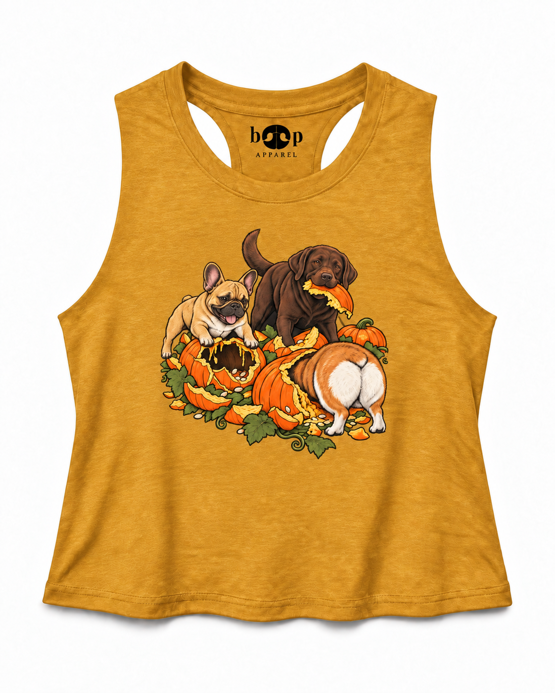 Pumpkin Patch Menaces crop tank — Heather Mustard