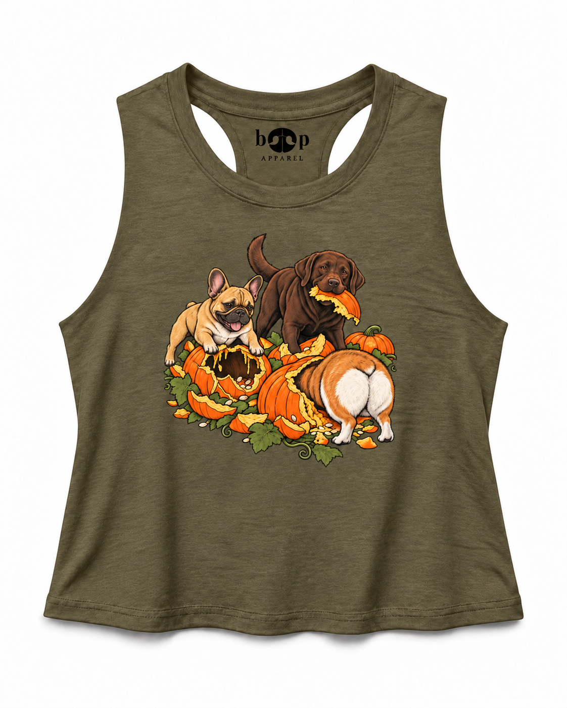 Pumpkin Patch Menaces crop tank — Heather Olive