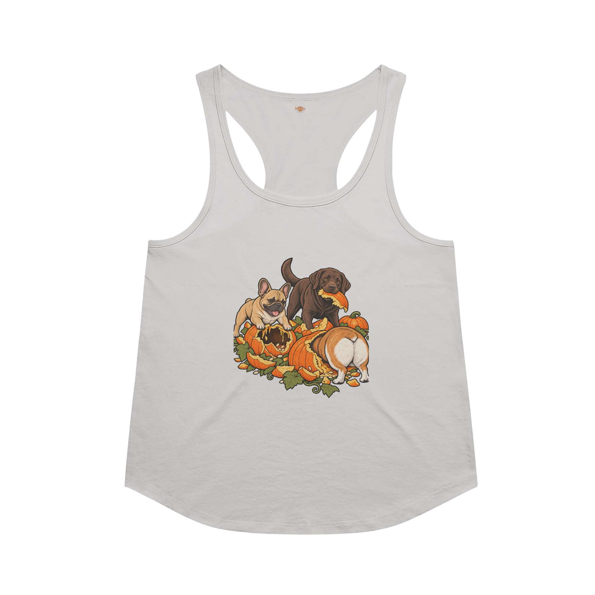 Pumpkin Patch Menaces racerback tank in Heather White