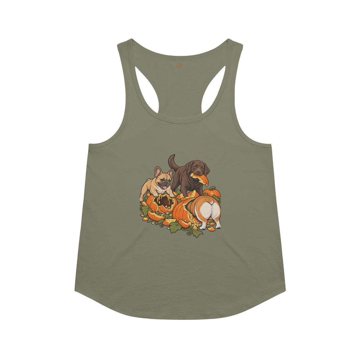 Pumpkin Patch Menaces racerback tank in Military Green