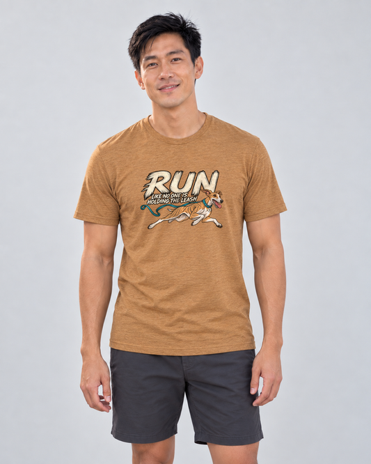 Finn wearing Run Unleashed Everyday T in Heather Autumn, studio photograph