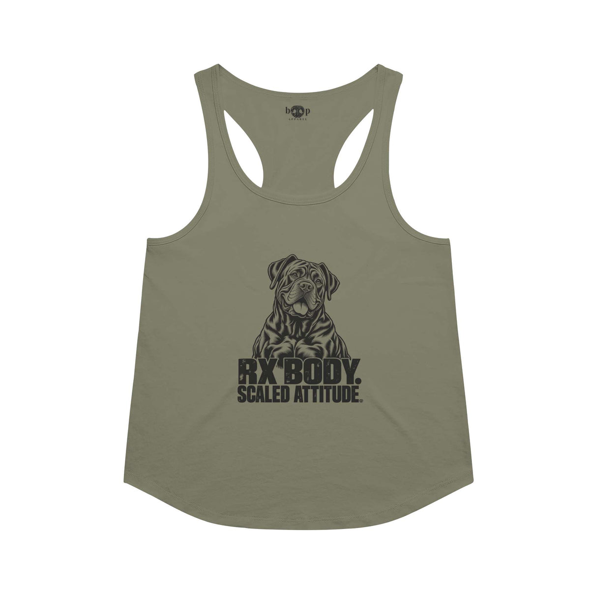 Rx Body Scaled Attitude racerback tank in military green