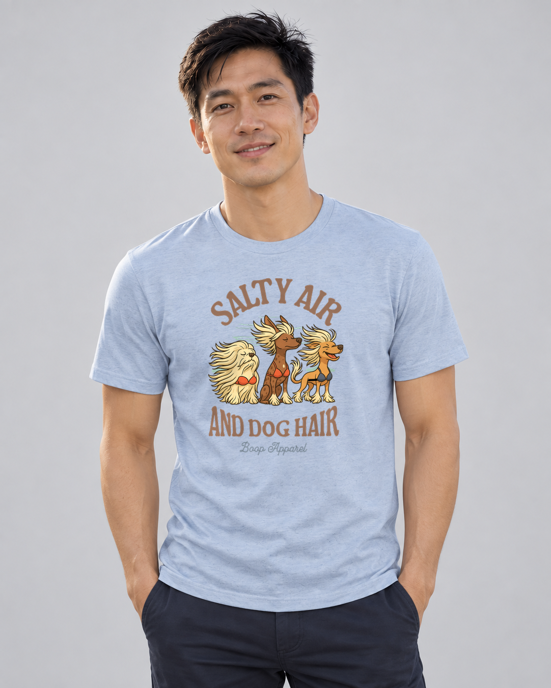 Finn wearing Salty Air and Dog Hair Everyday T in Heather Blue