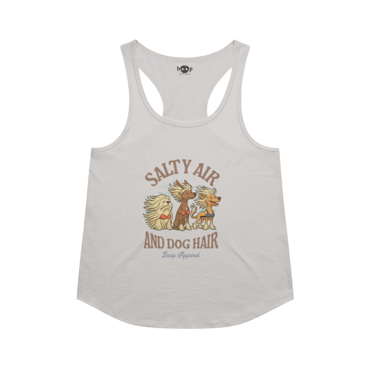 Salty Air and Dog Hair racerback tank in Heather White