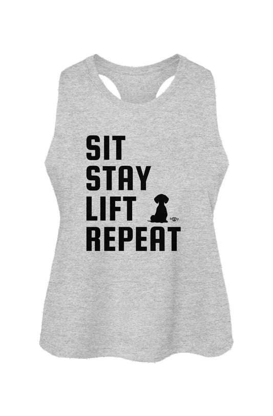 Sit, Stay, Lift, Repeat crop tank in Athletic Heather