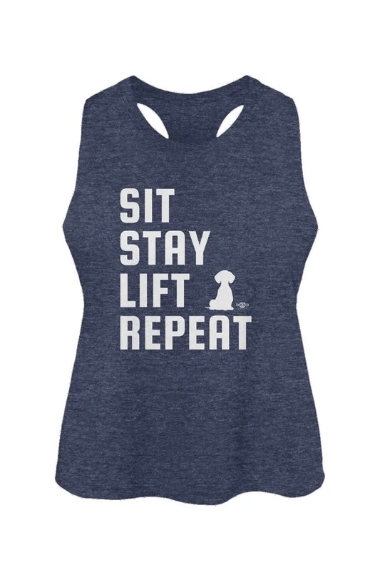 Sit, Stay, Lift, Repeat crop tank in heather navy