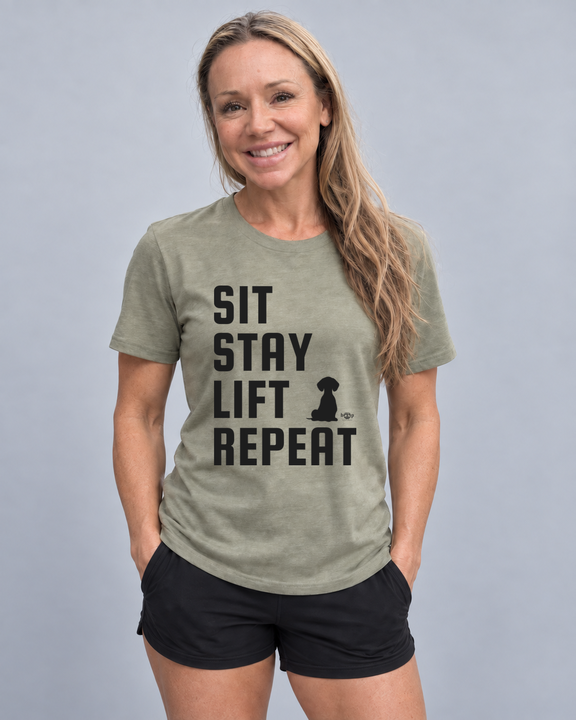 Meg wearing Sit, Stay, Lift, Repeat Everyday T in Heather Olive