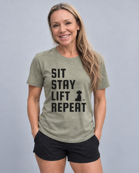 Meg wearing Sit, Stay, Lift, Repeat Everyday T in Heather Olive