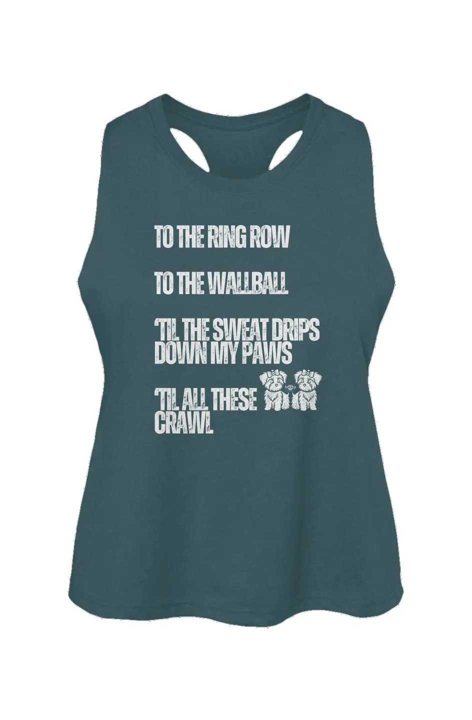 Sweat Drips Down My Paws crop tank in Heather Deep Teal