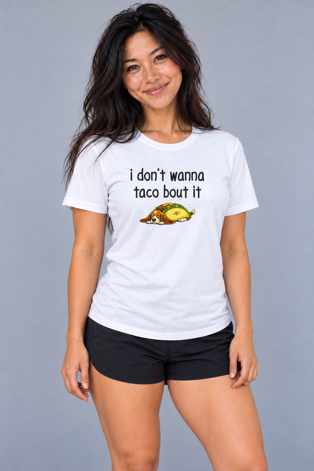 Grace wearing Taco Bout It Everyday T in Solid White Blend