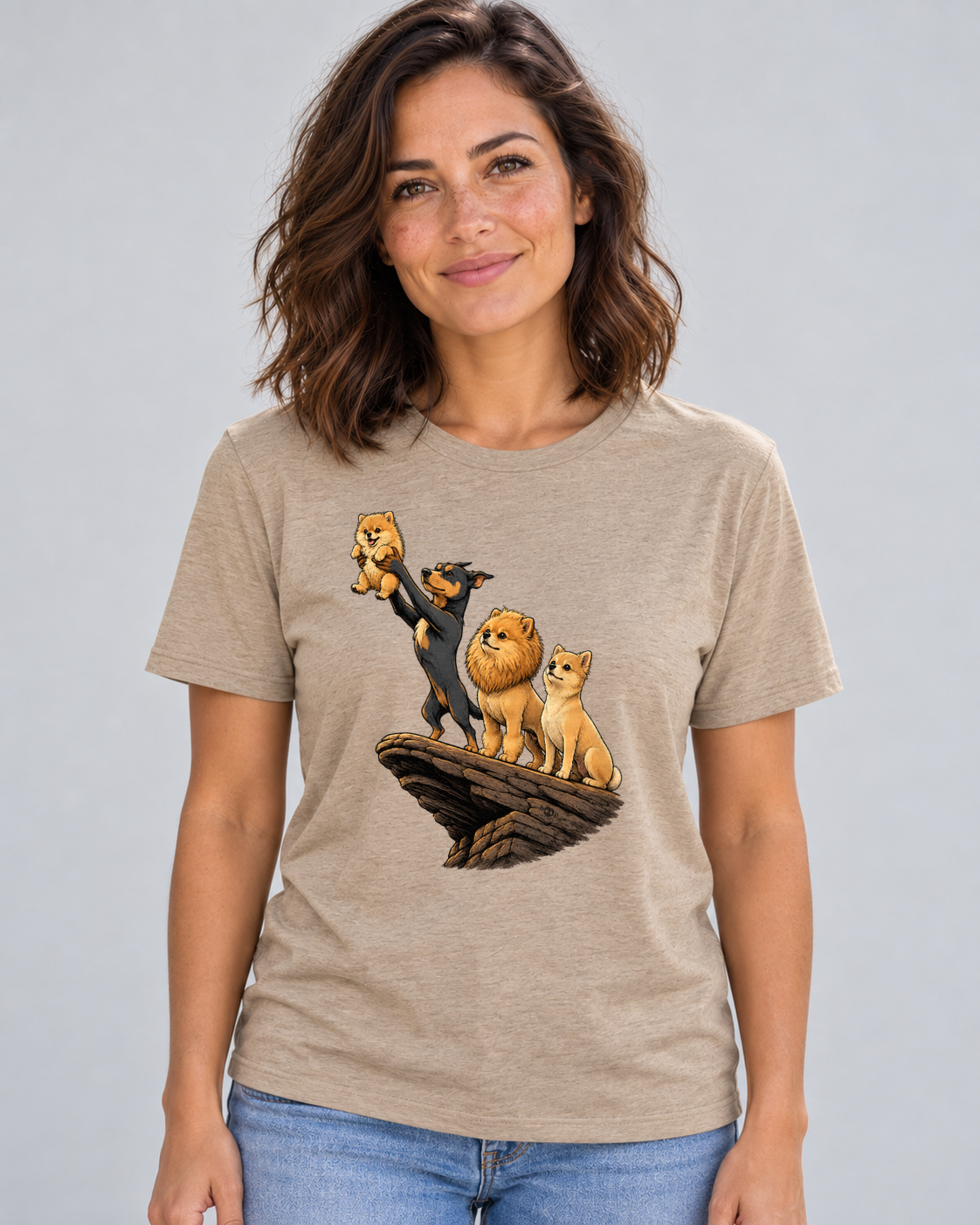 Amy wearing The Pom King Everyday T in Heather Tan