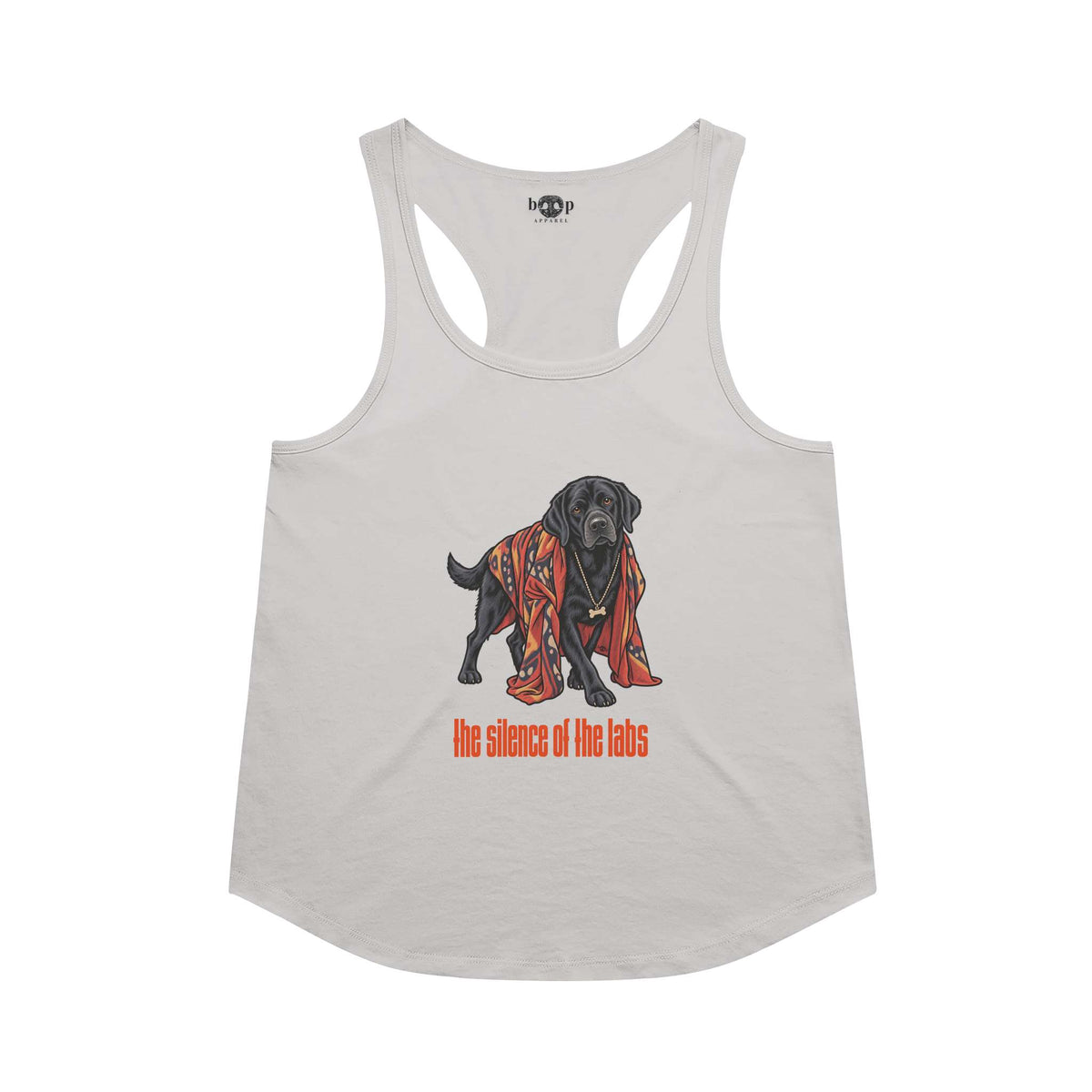 The Silence of the Labs racerback tank in Heather White