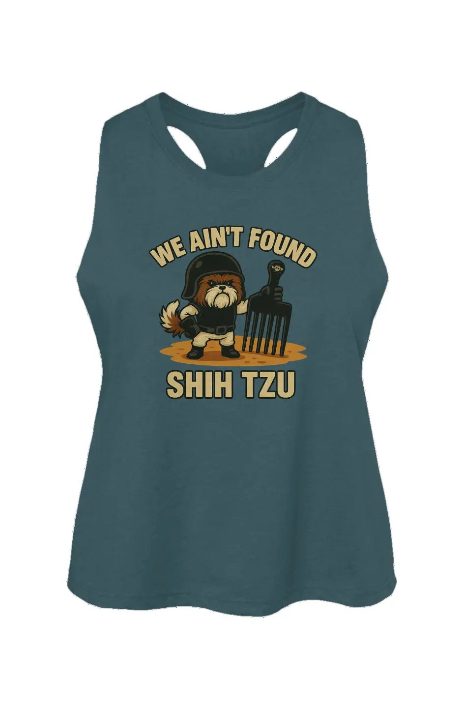 We Ain't Found Shih Tzu crop tank in Heather Deep Teal