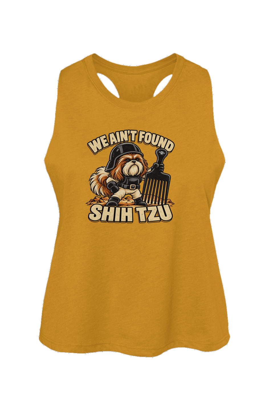 We Ain't Found Shih Tzu crop tank in Heather Mustard