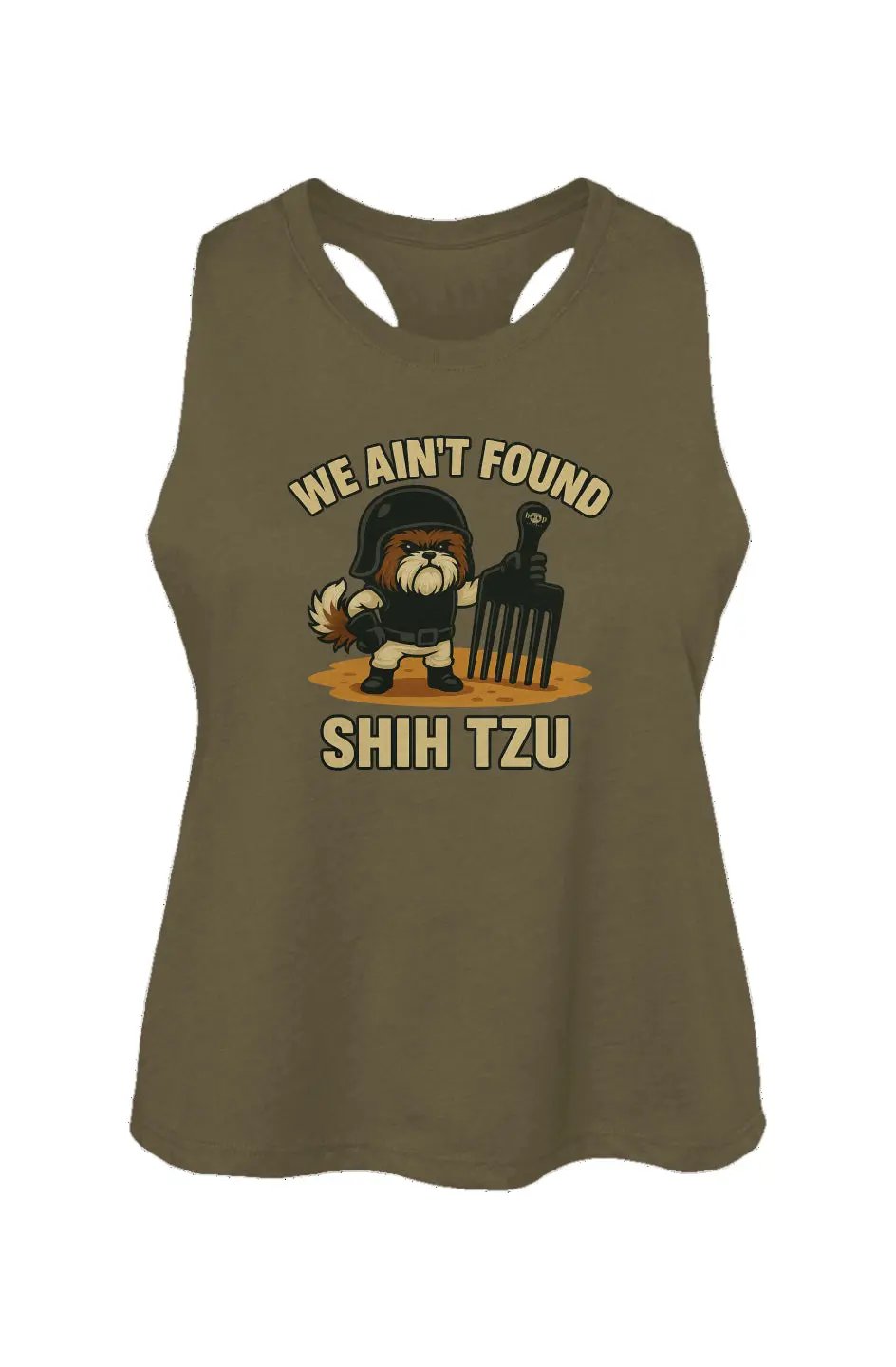 We Ain't Found Shih Tzu crop tank in Heather Olive