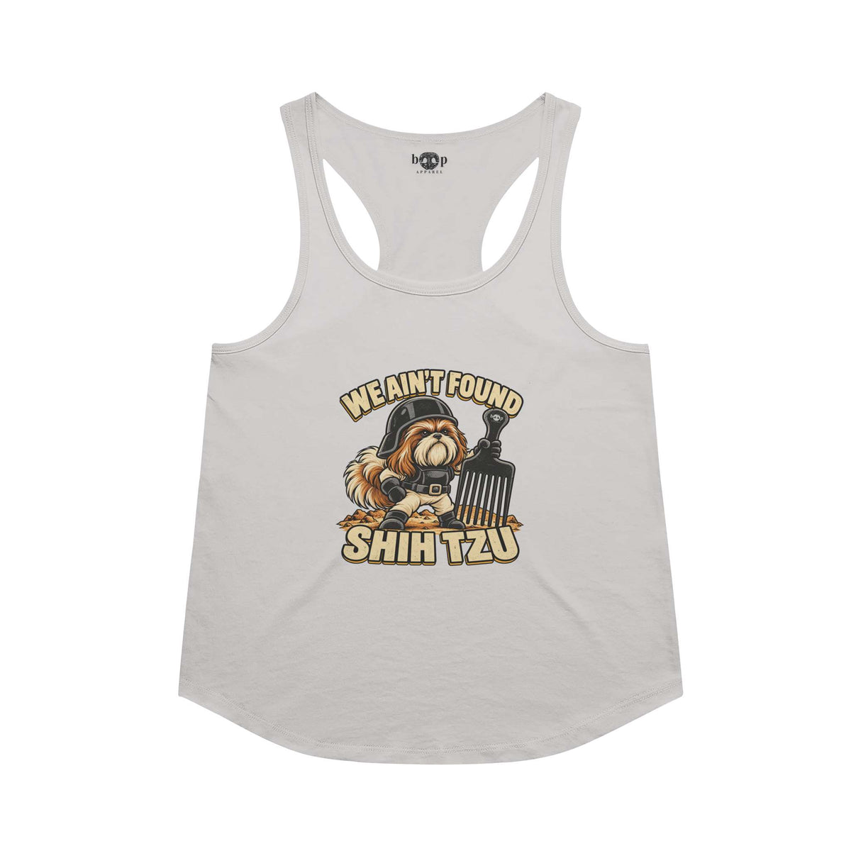 We Ain't Found Shih Tzu racerback tank in Heather White