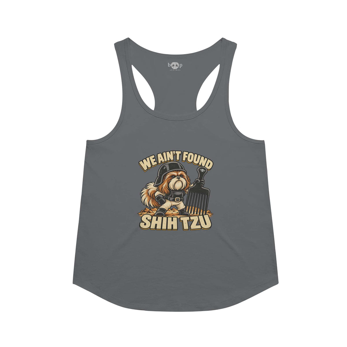 We Ain't Found Shih Tzu racerback tank in Indigo