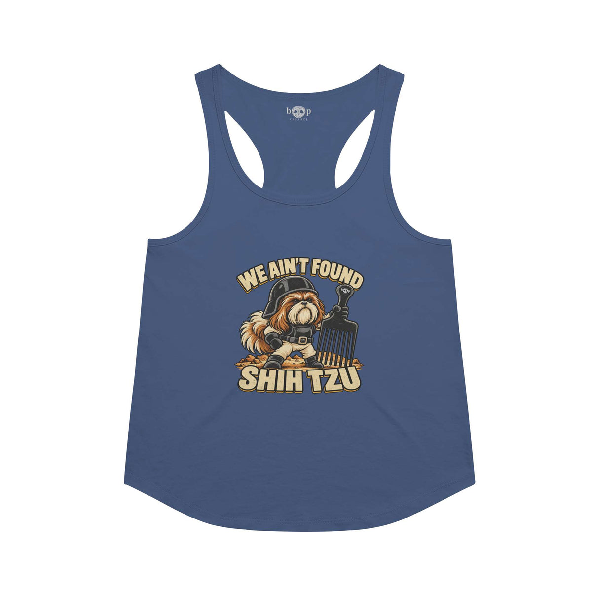 We Ain't Found Shih Tzu racerback tank in Vintage Royal