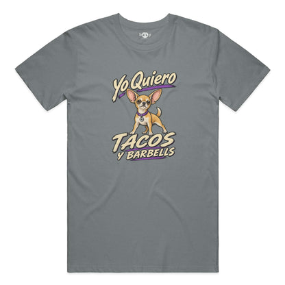 Yo Quiero Tacos y Barbells everyday t in Heather Blue Storm
