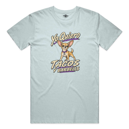 Yo Quiero Tacos y Barbells performance t in Ice Blue Triblend