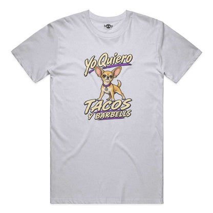 Yo Quiero Tacos y Barbells performance t in White Fleck Triblend
