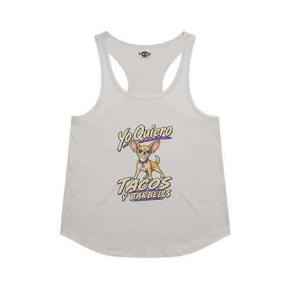 Yo Quiero Tacos y Barbells racerback tank in Heather White