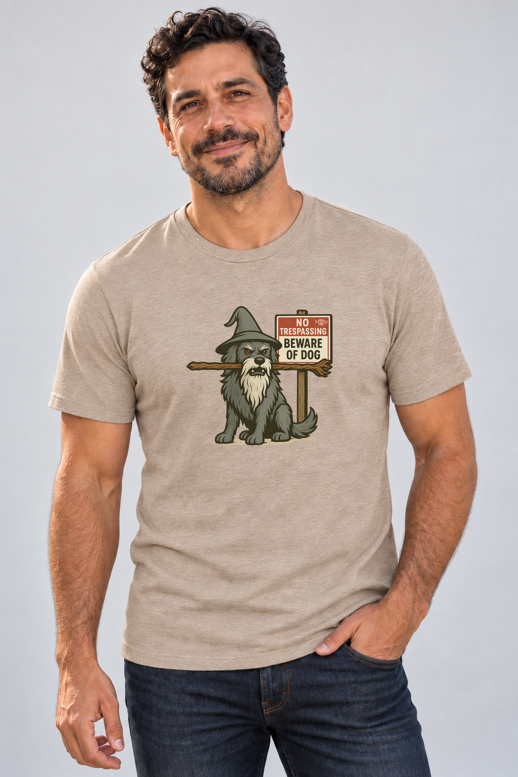Dave wearing You Shall Not Pass Everyday T in Heather Tan