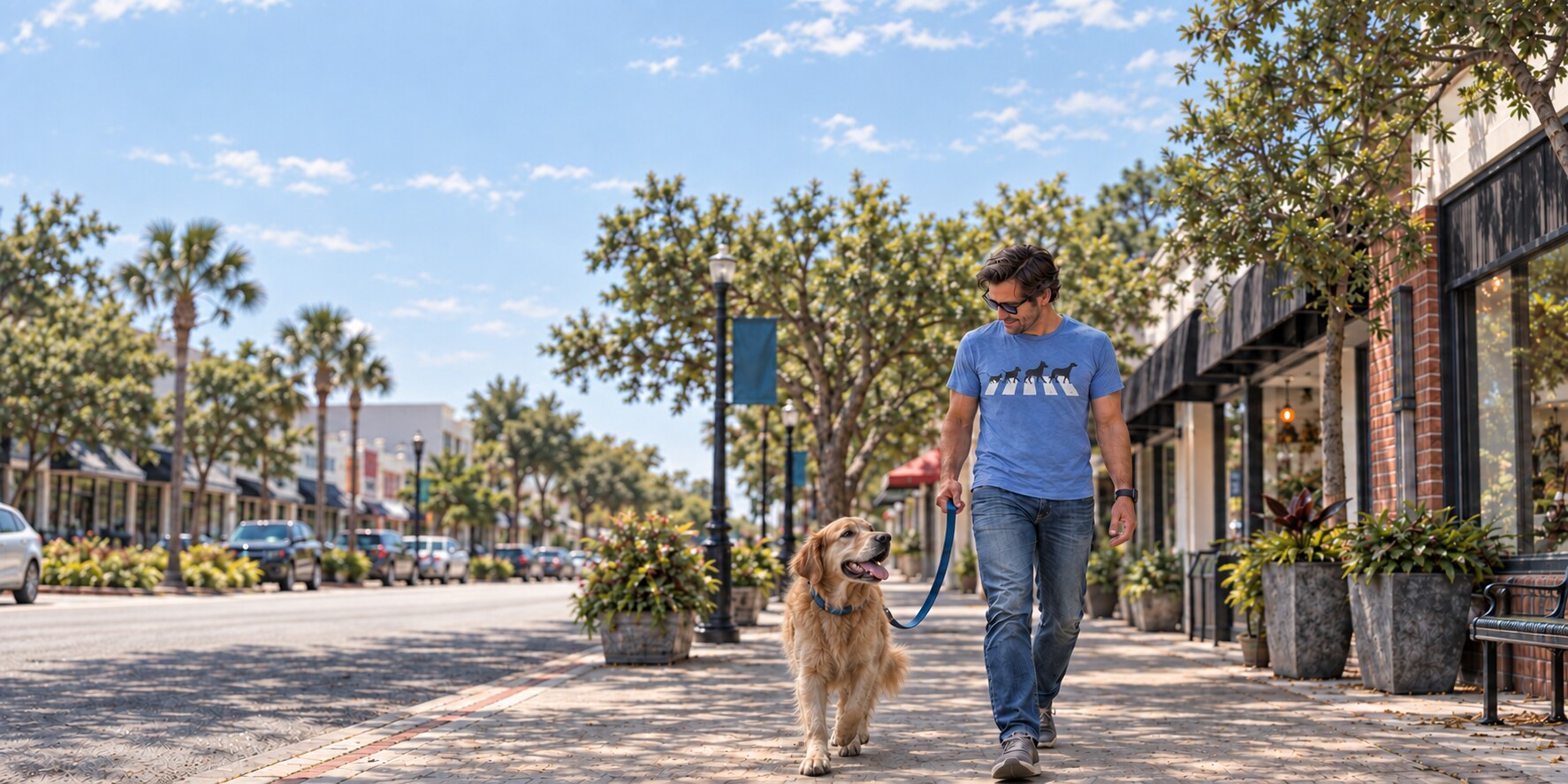 Man wearing an All You Need Is Dogs shirt walking a golden retriever