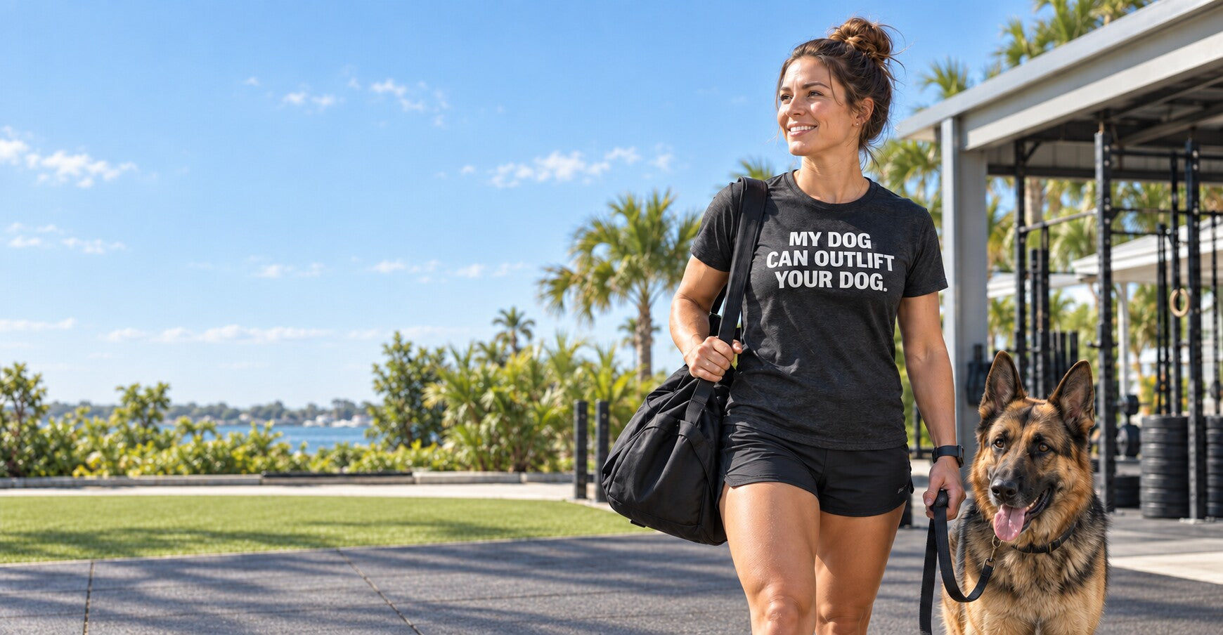 Woman wearing a My Dog Can Outlift Your Dog shirt walking with a German Shepherd